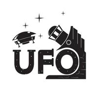 stylized inscription UFO telescope watches a flying saucer in space black and white image on an isolated background vector