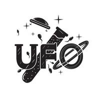 stylized UFO inscription on the background of the letters test tube and floating spermatozoa the origin of extraterrestrial life black and white image on an isolated background vector