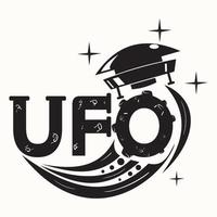 stylized inscription UFO with a flying saucer through the letter drawn as a planet black and white image on an isolated background vector