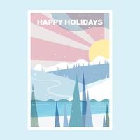 Winter happy holidays poster. Vector illustration with forest and lake with falling snow, sunset over the mountains.