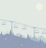 Winter mountain resort, ski lift flat vector illustration. Pine trees with mountains, slopes and snow falling on the background, ski, snowboarding design.