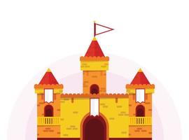 Flat cartoon castle of yellow and red color on isolated background, vector illustration. Medieval fortress drawing.