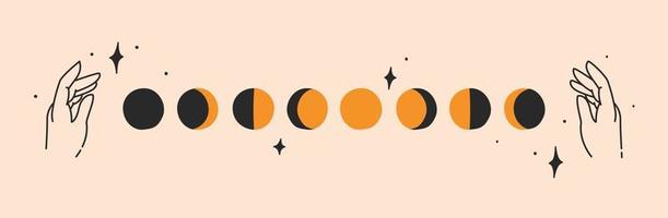 Female hands in a minimal linear style showing moon phases change, illustration template for web, app and social media. Beauty, Tattoo, Spa, Manicure, Jewelry business. vector