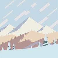 Sunset over the winter mountains poster, landscape vector illustration. Holiday at ski resort, flat design artwork.