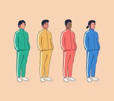 Diverse multiracial group of men wearing sport jackets. Set of green, yellow, red and blue tracksuits. Flat cartoon vector illustration.