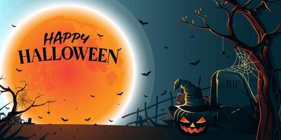 banner de feliz halloween con calabaza espeluznante contra el cielo iluminado por la luna vector