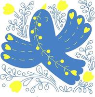 hermoso pájaro con flores. con el corazón en el fondo con la ilustración floral pattern.vector. tarjeta cuadrada en colores de bandera ucraniana para decoración, diseño, impresión vector