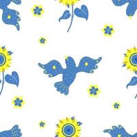 Patrón sin fisuras ucraniano con pájaro de la suerte amarillo-azul y girasol sobre fondo blanco con flores. ilustración vectorial en colores de la bandera ucraniana para decoración, diseño, embalaje, papel tapiz vector