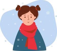 Portrait of winter girl. beauty woman in warm scarf against background of snowflakes. Vector illustration. Winter cute character for design, decor and decoration, print and avatars