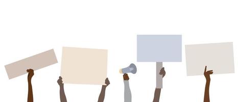 Hands with placards, one hand with a megaphone, isolate on white background, flat vector