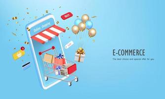 carrito de compras con regalo y confeti para tienda en línea