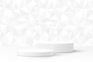 Abstract clean white 3D room and realistic white cylinder pedestal podium with geometric polygon pattern background. Minimal scene for mockup product display. Vector geometric forms. Stage showcase.