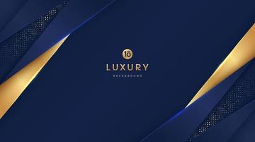 Dark navy blue and gold triangle shapes overlapped on background with glow golden striped lines and glitter. Luxury and elegant. Abstract template vector design. Design for presentation, banner.