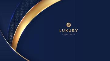 Dark navy blue and gold curve shapes on background with glowing golden striped lines and glitter. Luxury and elegant. Abstract template design. Design for presentation, banner, cover. EPS10 vector