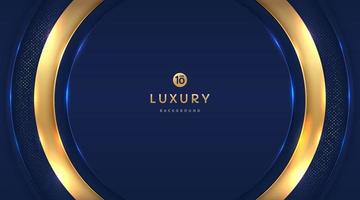 Dark navy blue and gold circle shapes on background with glowing golden striped lines and glitter. Luxury and elegant. Abstract template design. Design for presentation, banner, cover. EPS10 vector