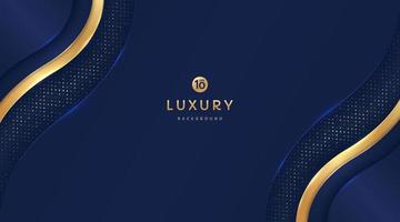 Dark navy blue and gold curve wavy shapes on background with glowing golden striped lines and glitter. Luxury and elegant. Abstract template design. Design for presentation, banner, cover. vector