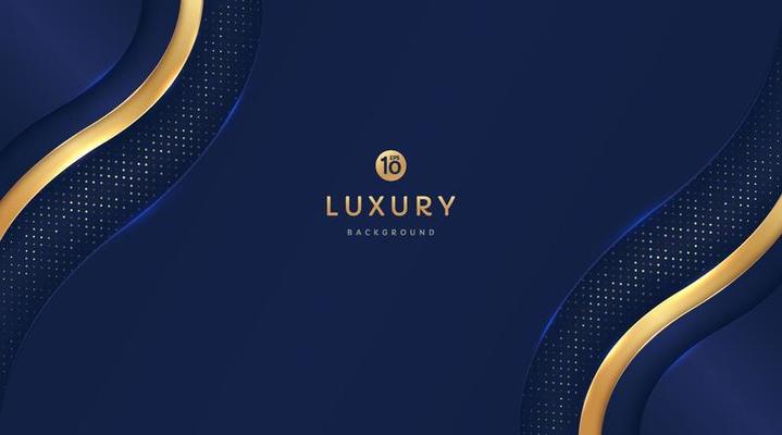 Dark navy blue and gold curve wavy shapes on background with glowing golden striped lines and glitter. Luxury and elegant. Abstract template design. Design for presentation, banner, cover.