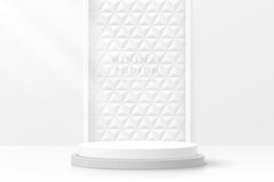 Abstract clean white 3D room with realistic white cylinder pedestal podium and geometric pattern background. Minimal scene for mockup product display. Vector geometric forms design. Stage showcase.