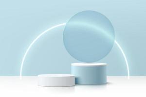 Abstract 3D room with realistic blue and white cylinder pedestal podium and glowing circle neon lamp. Minimal scene for mockup product display. Vector geometric forms. Stage showcase. Minimal scene.