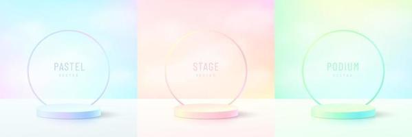 Set of abstract colorful 3D room with realistic cylinder mockup podium in green, yellow, pink and blue hologram color. Pastel minimal scene for product display. Vector geometric forms. Stage showcase.