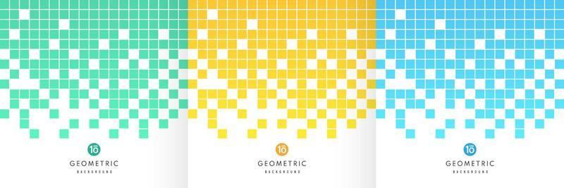 Set of Abstract yellow, light blue and green color square pixel transition on white background with copy space. Simple flat pastel color design. Pattern minimal style collection. Vector illustration
