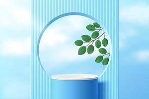 Abstract 3D room and realistic blue cylinder stand podium with blue sky partition and green leaves. Minimal scene for mockup product display presentation. Vector geometric forms. Stage for showcase.