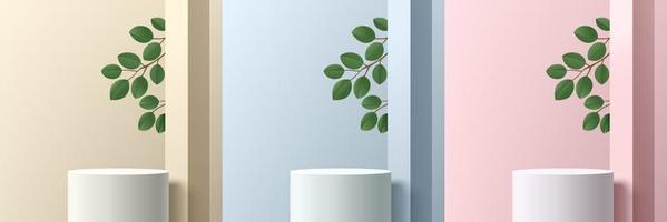 Set of realistic white 3d cylinder stand podium in beige, blue and pink abstract rooms with square pillar and green leaf. Vector geometric forms. Minimal scene. Stage showcase, Mockup product display.