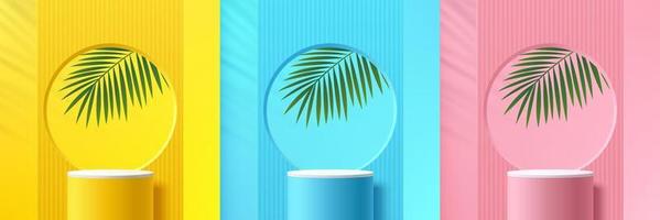 Set of yellow, blue and pink realistic 3d cylinder stand podium with vertical partition and palm leaf. Abstract vector rendering geometric forms. Minimal scene. Stage showcase, Mockup product display.