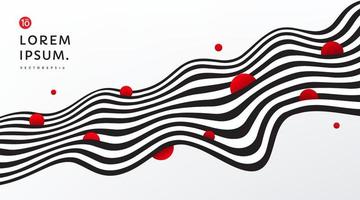 líneas de rayas fluidas abstractas fondo de contraste blanco y negro con decoración de círculo rojo. patrón de rayas onduladas de arte óptico con espacio de copia. diseño de banner moderno y minimalista. eps 10 vectoriales. vector