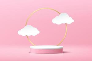 White cylinder pedestal podium. Sweet pink minimal wall scene with golden ring and cloud shape paper cut style. Vector rendering 3d shape, Product display presentation. Abstract room design.