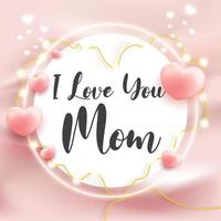 i love you mom happy mother's day greeting card template heart shape 3d render style on curtain wavy background vector