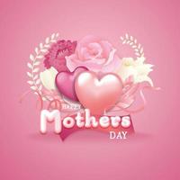 Typography Mother's day text with flowers, pink ribbon 3d minimal realistic vector graphic