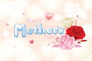 Typography Mother's day text with flowers, rose and heart decoration realistic vector graphic banner