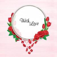 circle frame with red flowers, floral frame with line vector illustration on pink