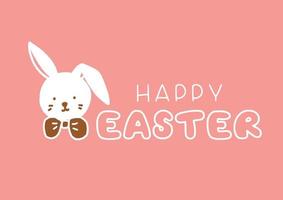 Typography Design Cute Happy Easter And Rabbit's Face - Doodle Graphic Vector On Pink Background