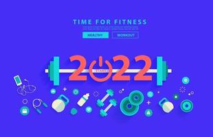 Happy 2022 new year fitness concept workout typography alphabet design with equipment. Vector illustration flat modern layout template