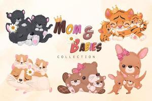 Adorable mom and baby animals collection set vector