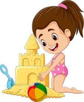 Cartoon happy girl making sand castle vector