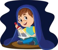 Little boy reading a book at night with flashlight under blanket vector