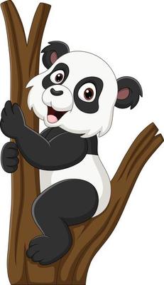 Cartoon little panda on tree branch