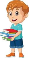 Cartoon little boy carrying a piles of book vector