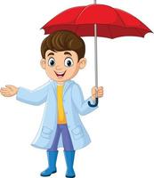 Cartoon happy little boy holding an umbrella vector