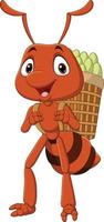 hormiga divertida de dibujos animados que lleva una cesta de alimentos