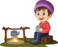 Cartoon little boy sitting on tree stump near campfire with drinking hot tea
