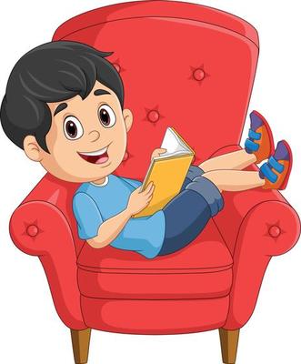 Cartoon little boy reading a book on sofa