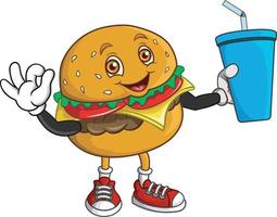 Cartoon burger holding a cup of soda vector