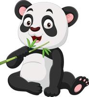 Cartoon funny panda eating bamboo leaves vector