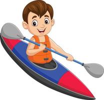 niño pequeño de dibujos animados remando en un bote vector