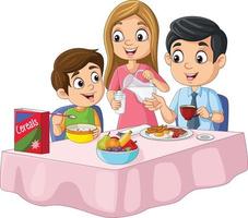 Cartoon happy family having breakfast on the table