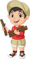 boy scout de dibujos animados llevando leña vector